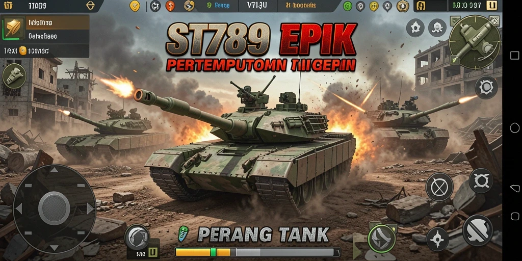 Tampilan antarmuka ST789 dengan tank dan medan perang yang mendebarkan.