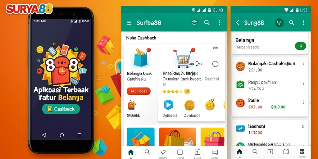 Tampilan utama aplikasi SURYA88 menampilkan daftar cashback dan penawaran menarik.